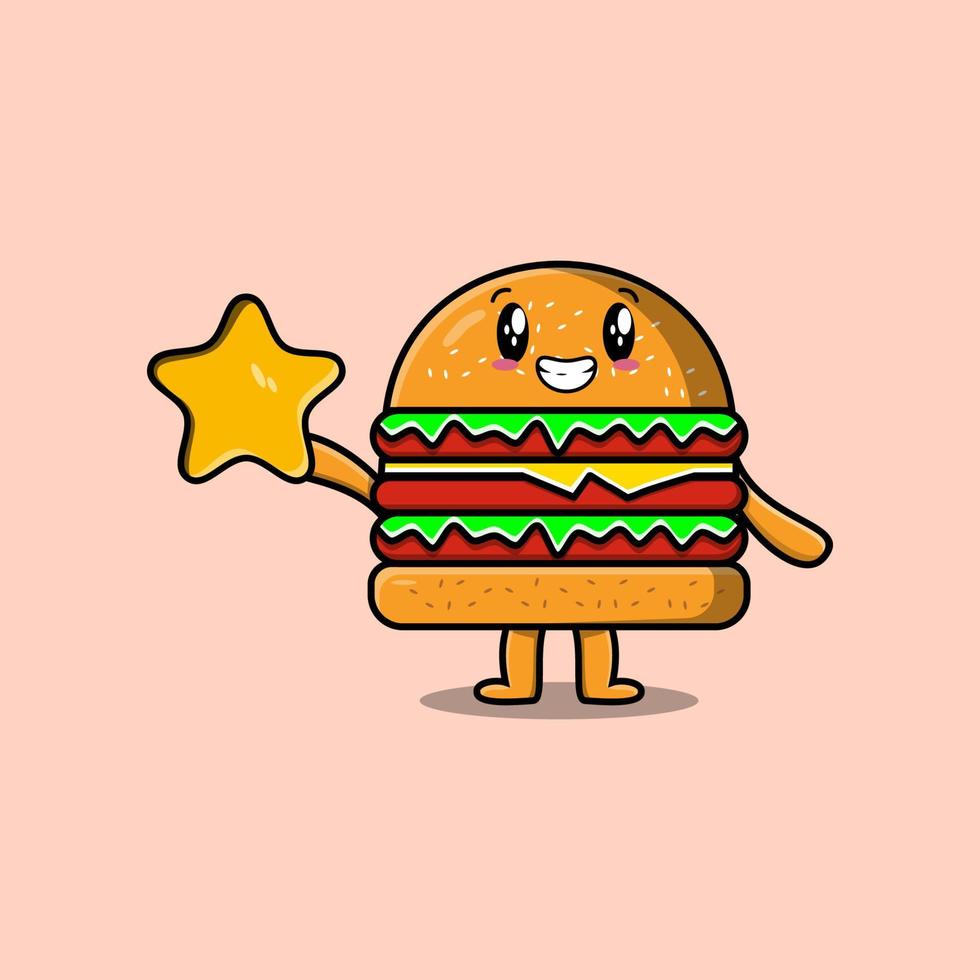 burger de dessin animé mignon tenant une grande étoile dorée vecteur