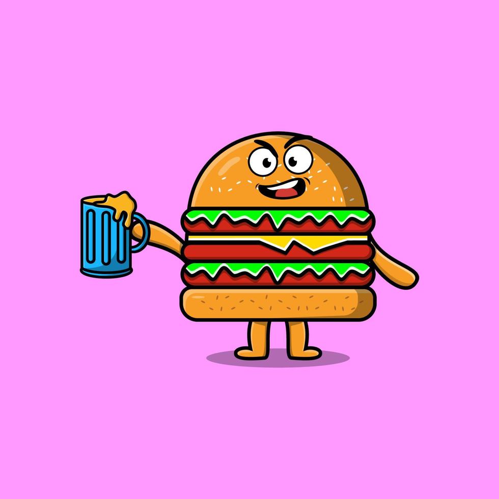 personnage de mascotte de dessin animé burger avec verre à bière vecteur
