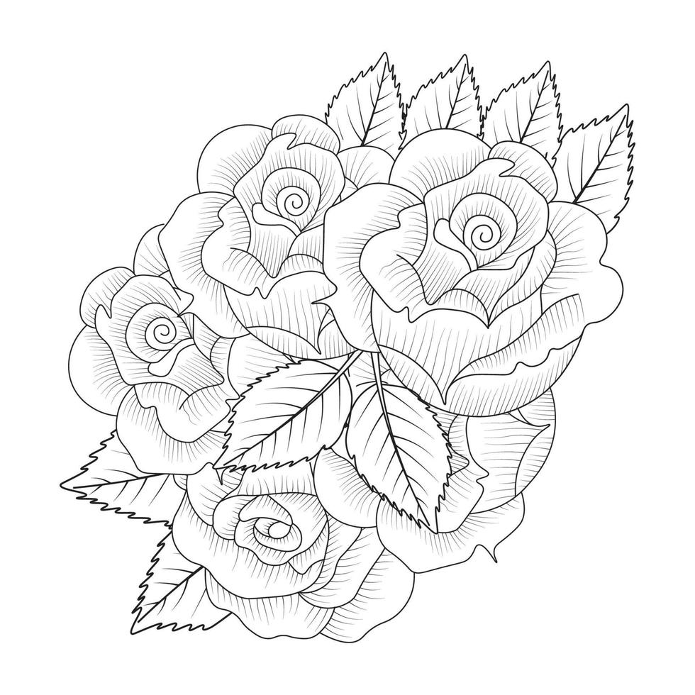 fleurs rose illustration de coloriage adulte dessin au trait doodle fleur sauvage contours vecteur