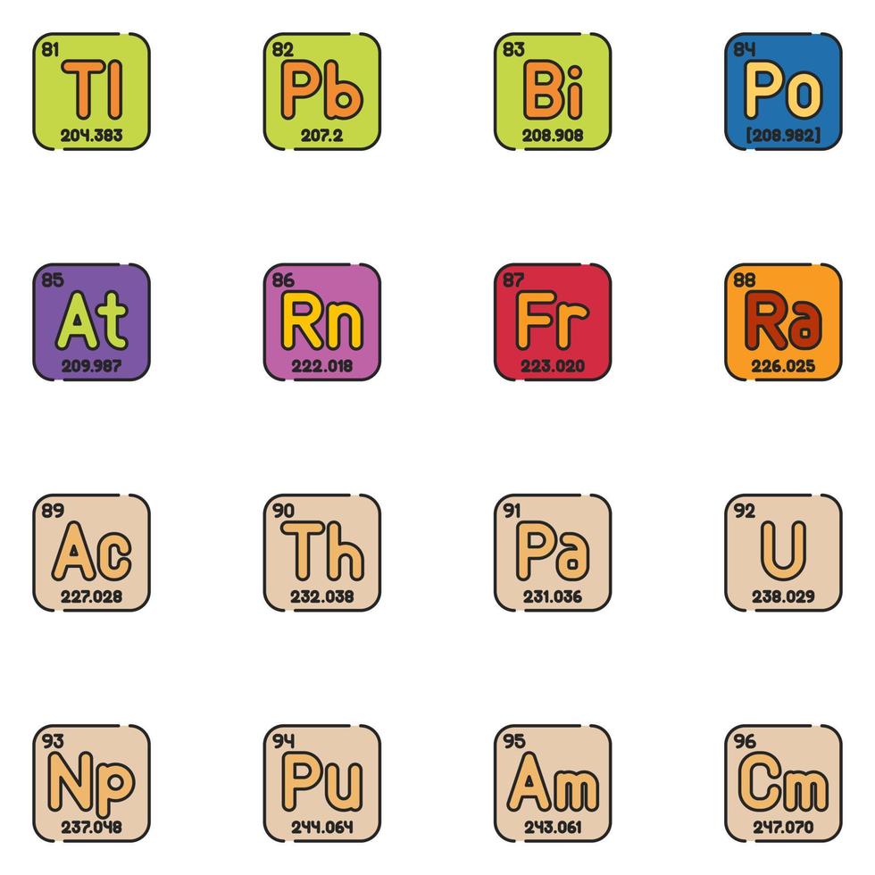 jeu d'icônes de ligne remplie de tableau périodique vecteur