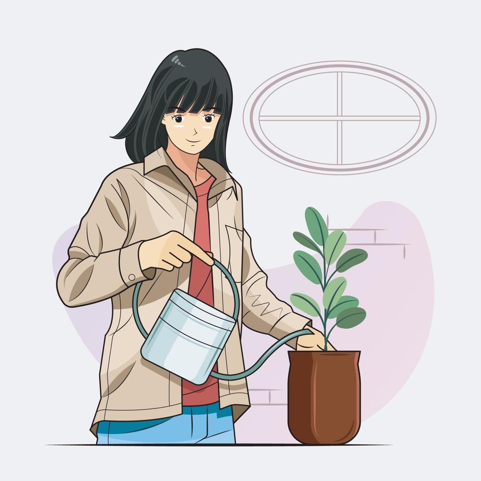 illustration de style de vie hygge. illustration vectorielle de plante d'arrosage téléchargement gratuit vecteur