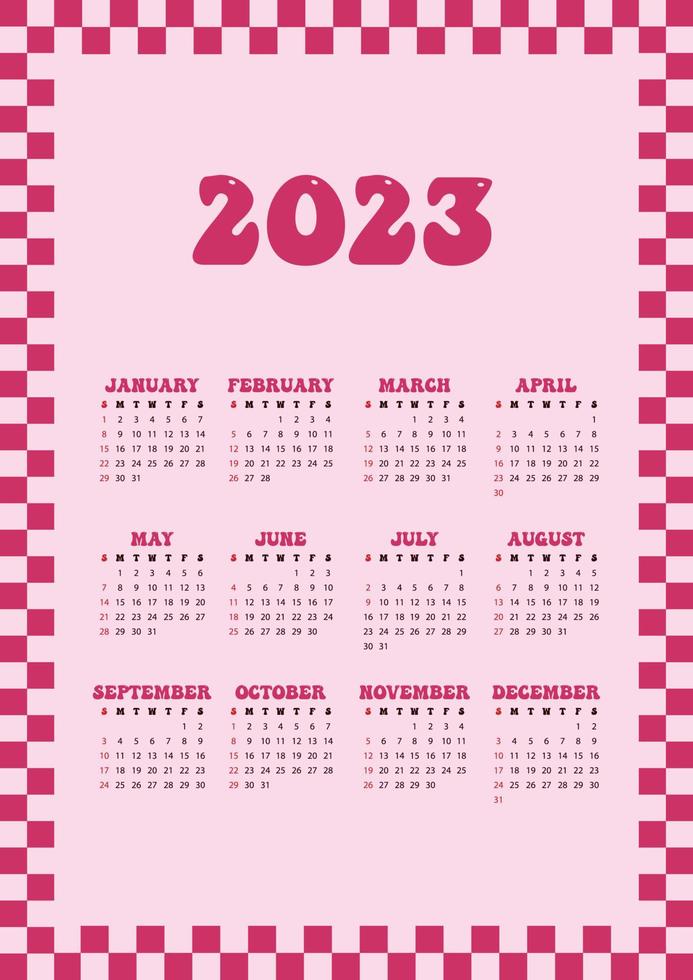 illustration vectorielle du calendrier. calendrier 2023 de style rétro en rose. vecteur