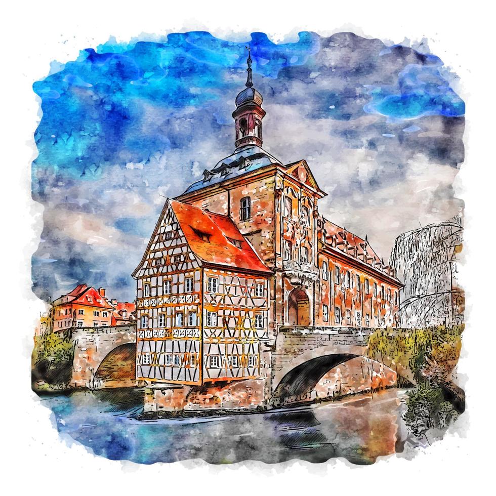 bamberg allemagne croquis aquarelle illustration dessinée à la main vecteur