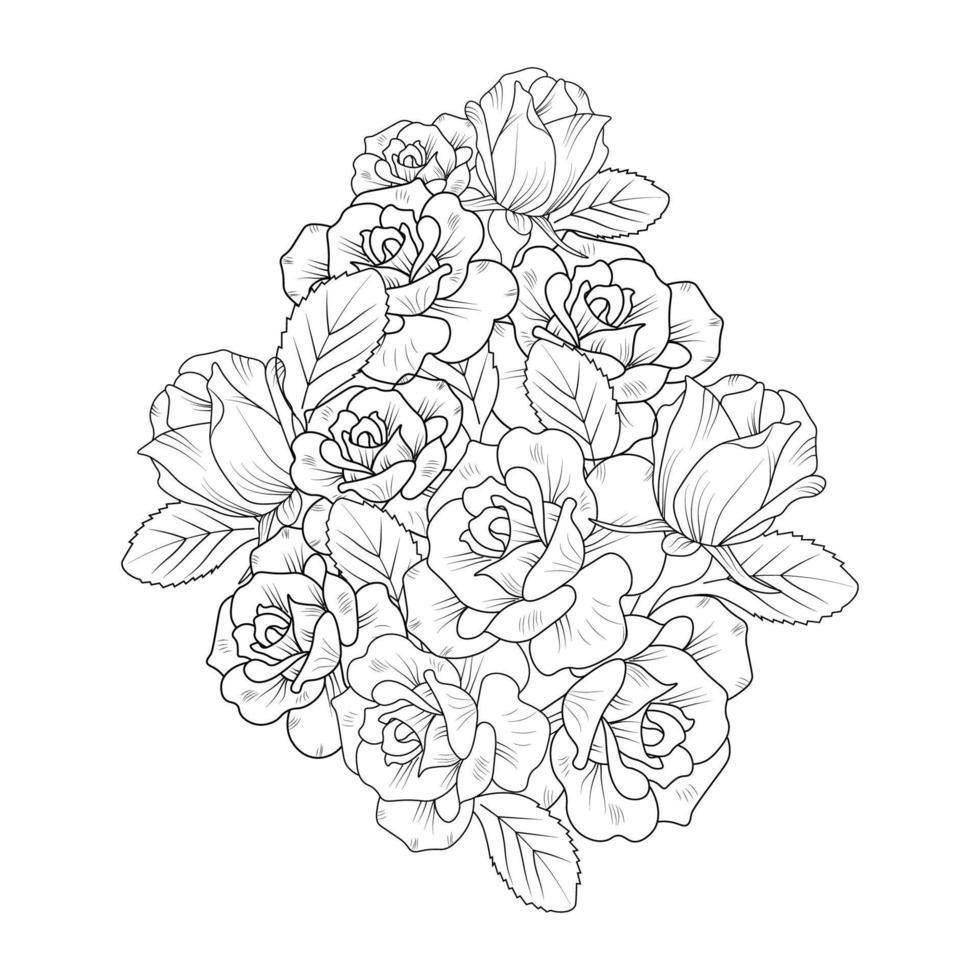 illustration vectorielle de fleur rose avec bouquet de roses pétales en fleurs pour coloriage adulte vecteur