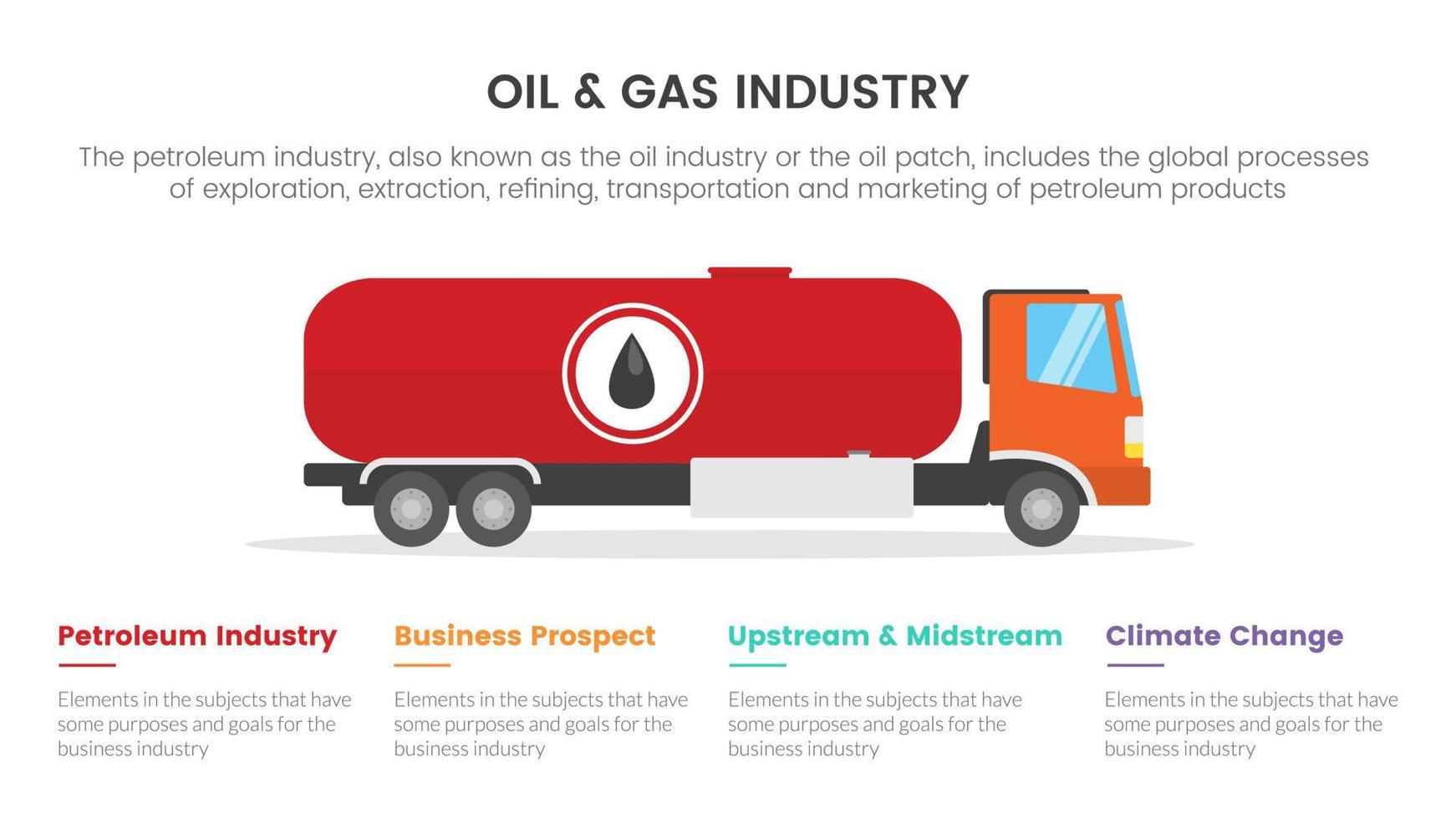 concept d'infographie de l'industrie pétrolière et gazière pour la présentation de diapositives avec des informations de données de liste en 4 points avec le transport de gros camions vecteur