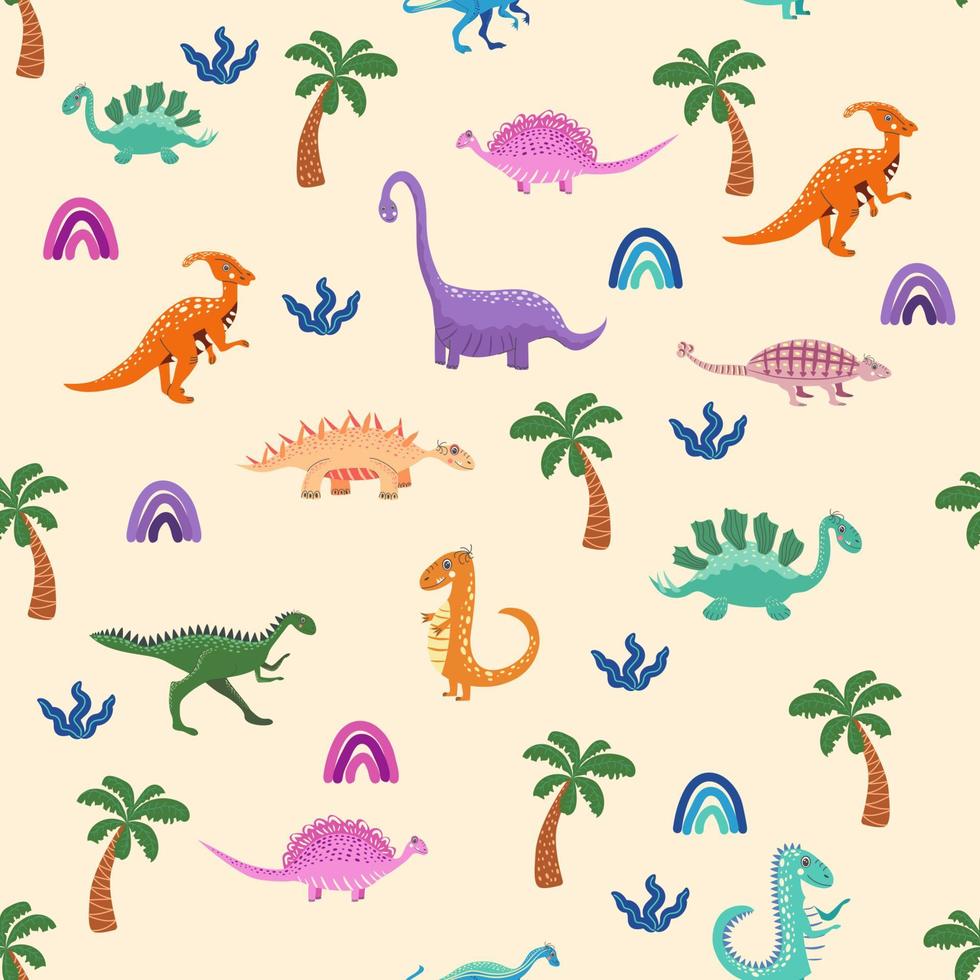 modèle sans couture de dinosaures mignons dessinés à la main. motif pour enfants avec dinosaures, arcs-en-ciel, nuages, étoiles, pois vecteur