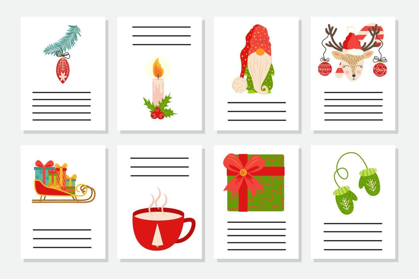 ensemble de voeux ou d'invitation de noël. cartes postales avec symboles du nouvel an, sapin de noël, flocons de neige, cadeaux, canne en bonbon vecteur