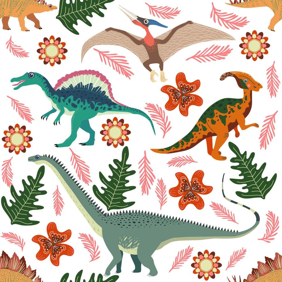 motif de dinosaure doodle. impression de dragon textile sans couture, fond de tissu enfantin à la mode, dinosaures de dessin animé. vecteur