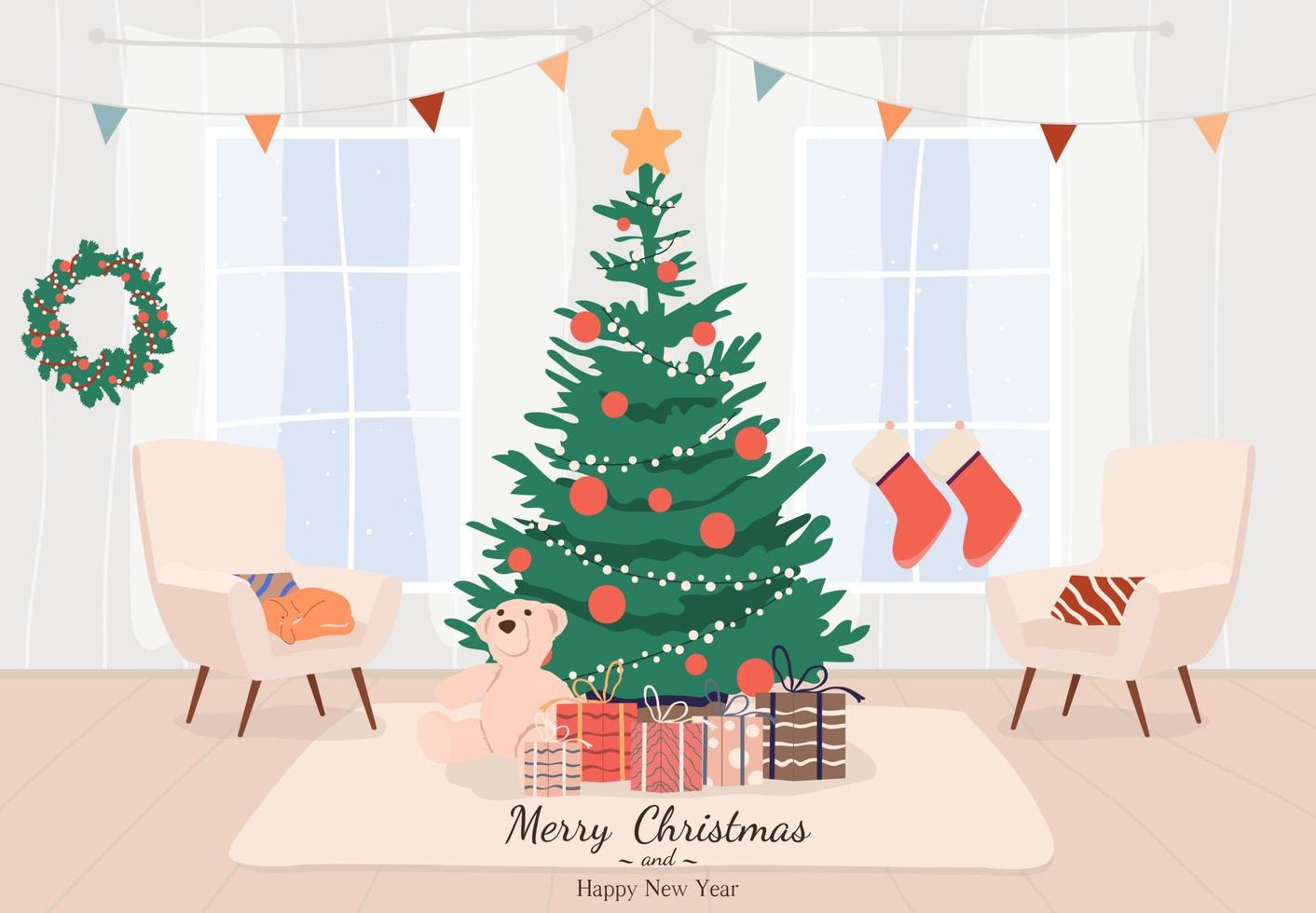 un salon confortable avec des fauteuils et des fenêtres panoramiques avec un sapin décoré de Noël et des cadeaux. illustration vectorielle de style plat vecteur