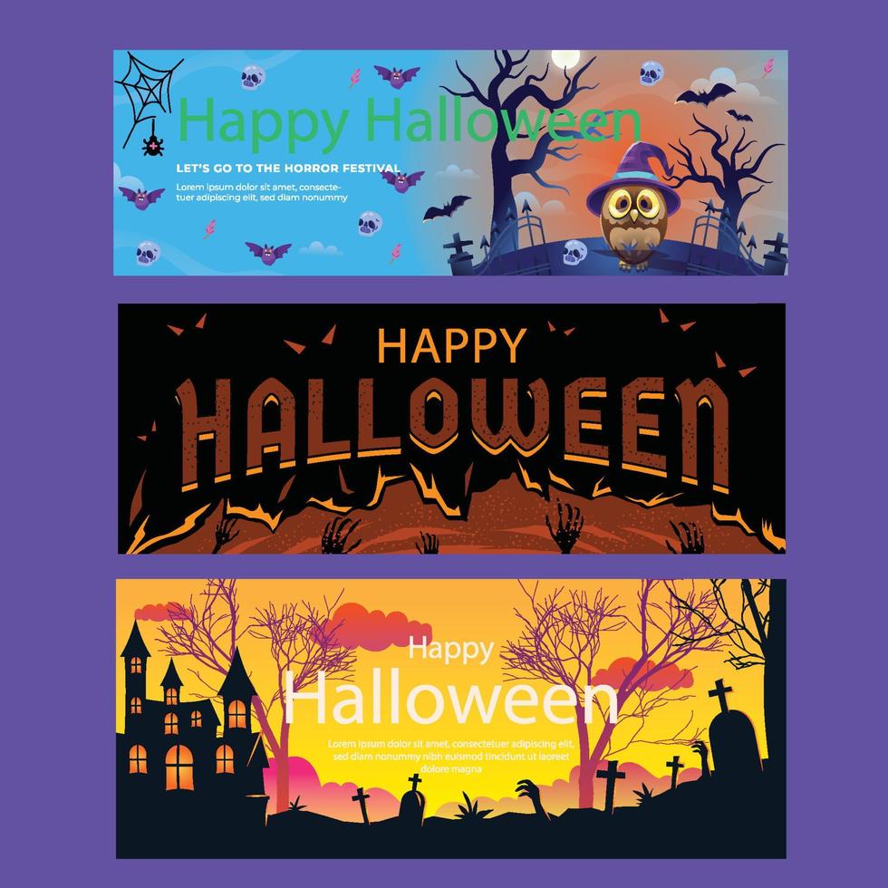 ensemble de trois bannières horizontales d'halloween avec texte vecteur