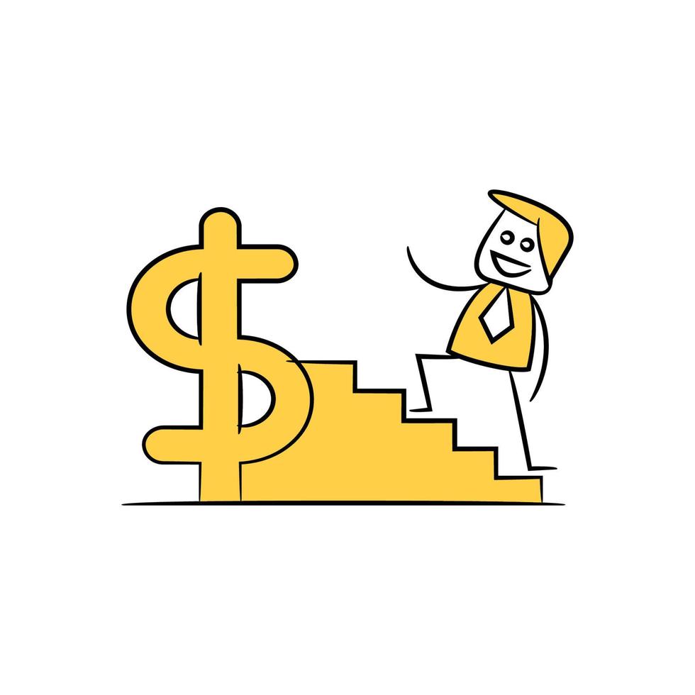 homme d'affaires marchant dans l'escalier et le symbole du dollar jaune illustration de la figure du bâton vecteur