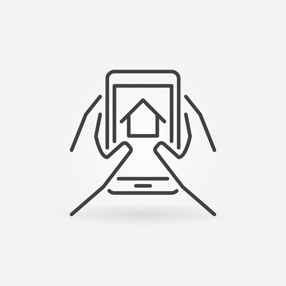 icône linéaire de l'application mobile immobilière. mains avec signe de smartphone vecteur