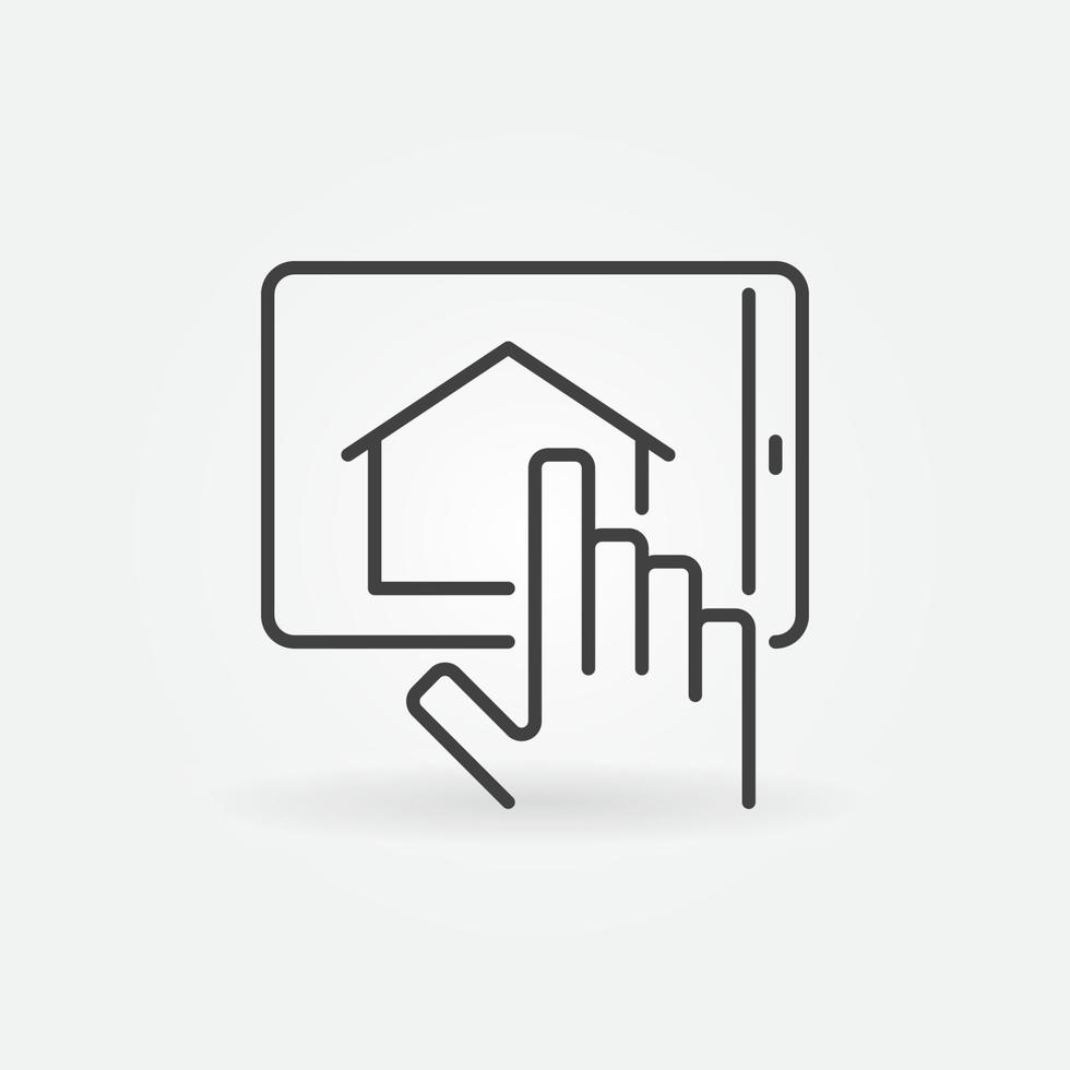 tablette avec l'icône de la ligne de la maison. signe de concept en ligne immobilier vecteur