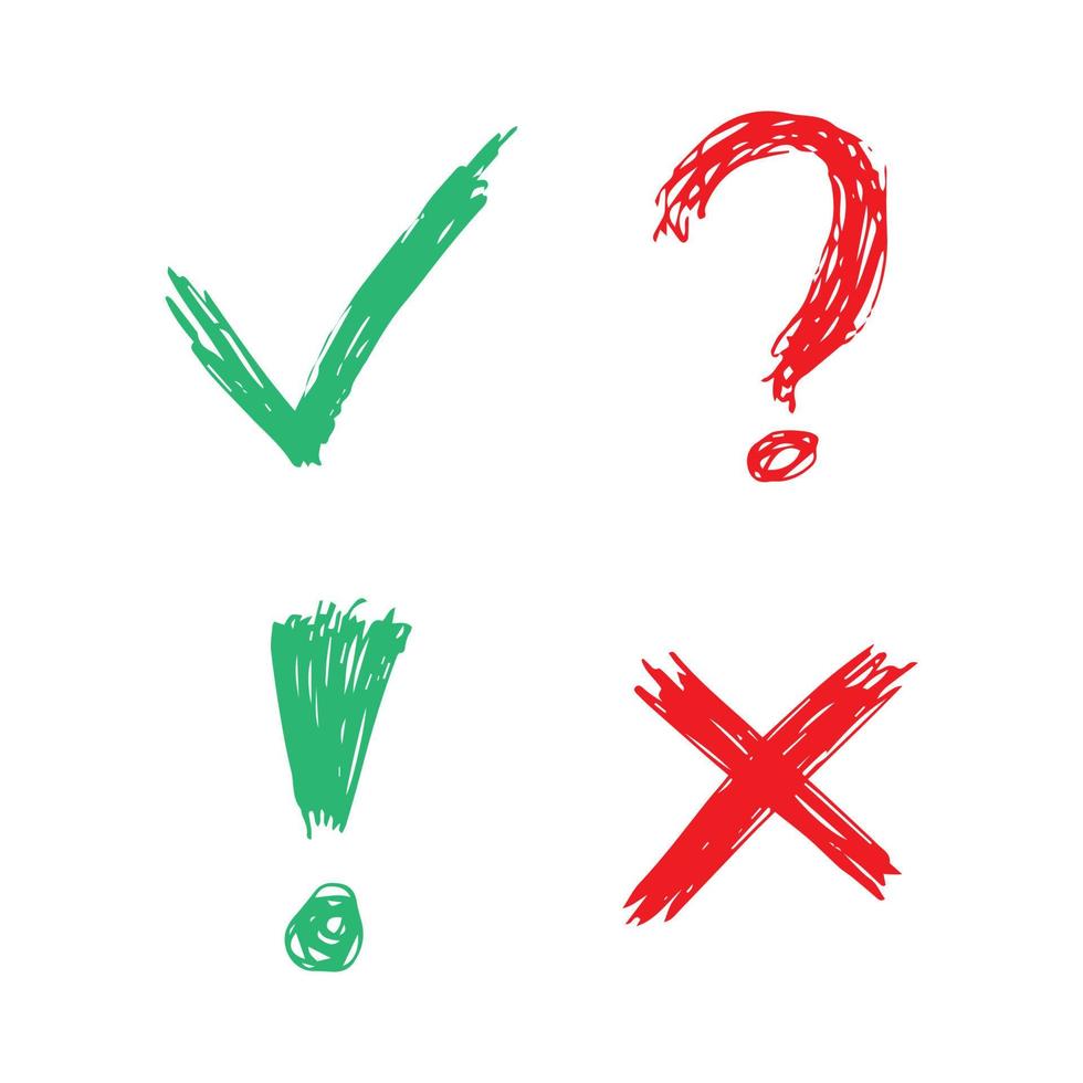 symboles de chèque, croix, point d'interrogation et point d'exclamation dessinés à la main. ensemble de quatre symboles de croquis verts et rouges. illustration vectorielle vecteur