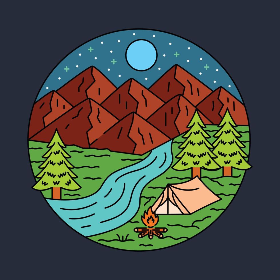 camping avec vue sur la beauté des montagnes et de la rivière illustration graphique vector art t-shirt design
