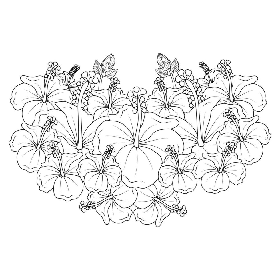 fleurs d'hibiscus coloriage illustration avec des feuilles d'hibiscus hawaïen et contour rose de sharon vecteur