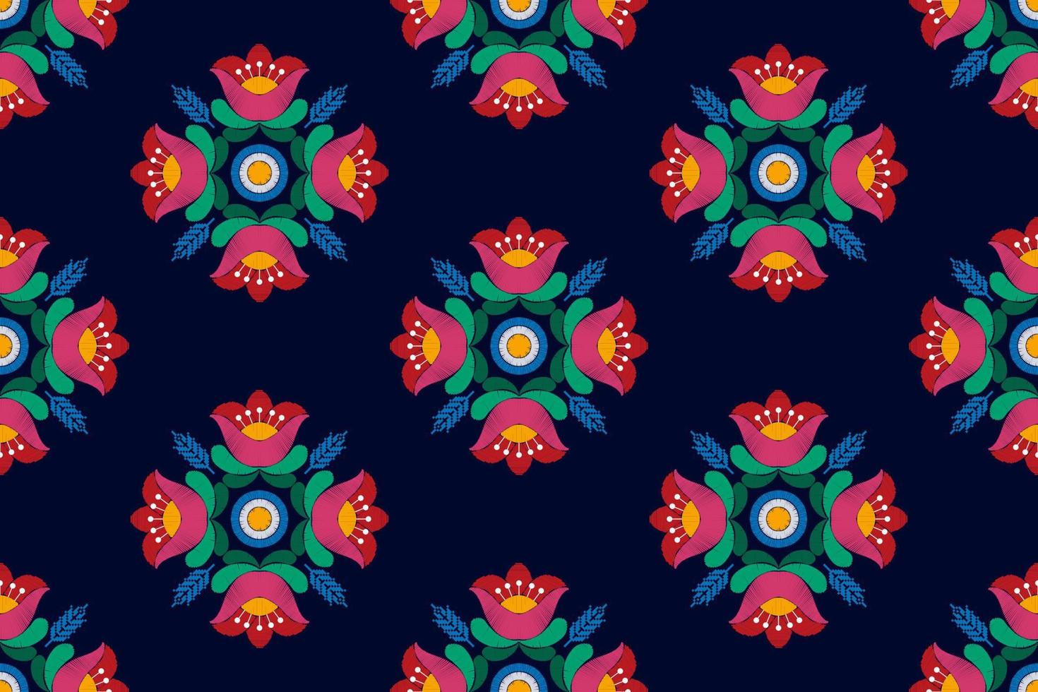 conception de décoration de modèle ethnique sans couture ikat. tapis en tissu aztèque boho mandalas décor textile papier peint. motif indigène tribal ornements de fleurs broderie traditionnelle vecteur illustré arrière-plan