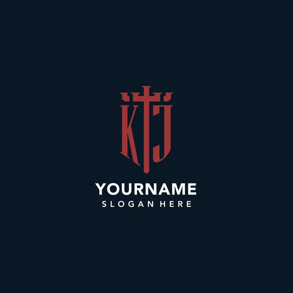 kj logos monogrammes initiaux avec un design en forme d'épée et de bouclier vecteur