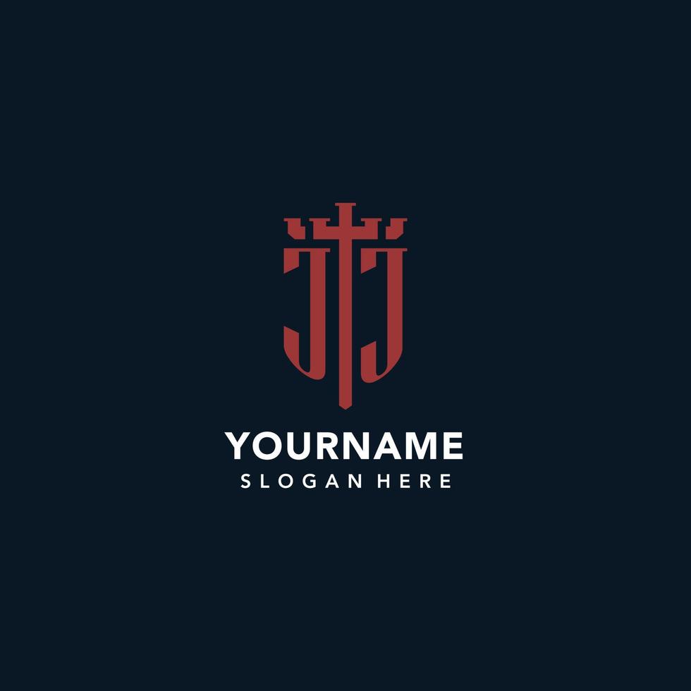 jj logos monogrammes initiaux avec un design en forme d'épée et de bouclier vecteur