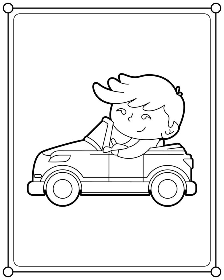 mignon garçon conduisant une voiture adaptée à l'illustration vectorielle de la page de coloriage pour enfants vecteur