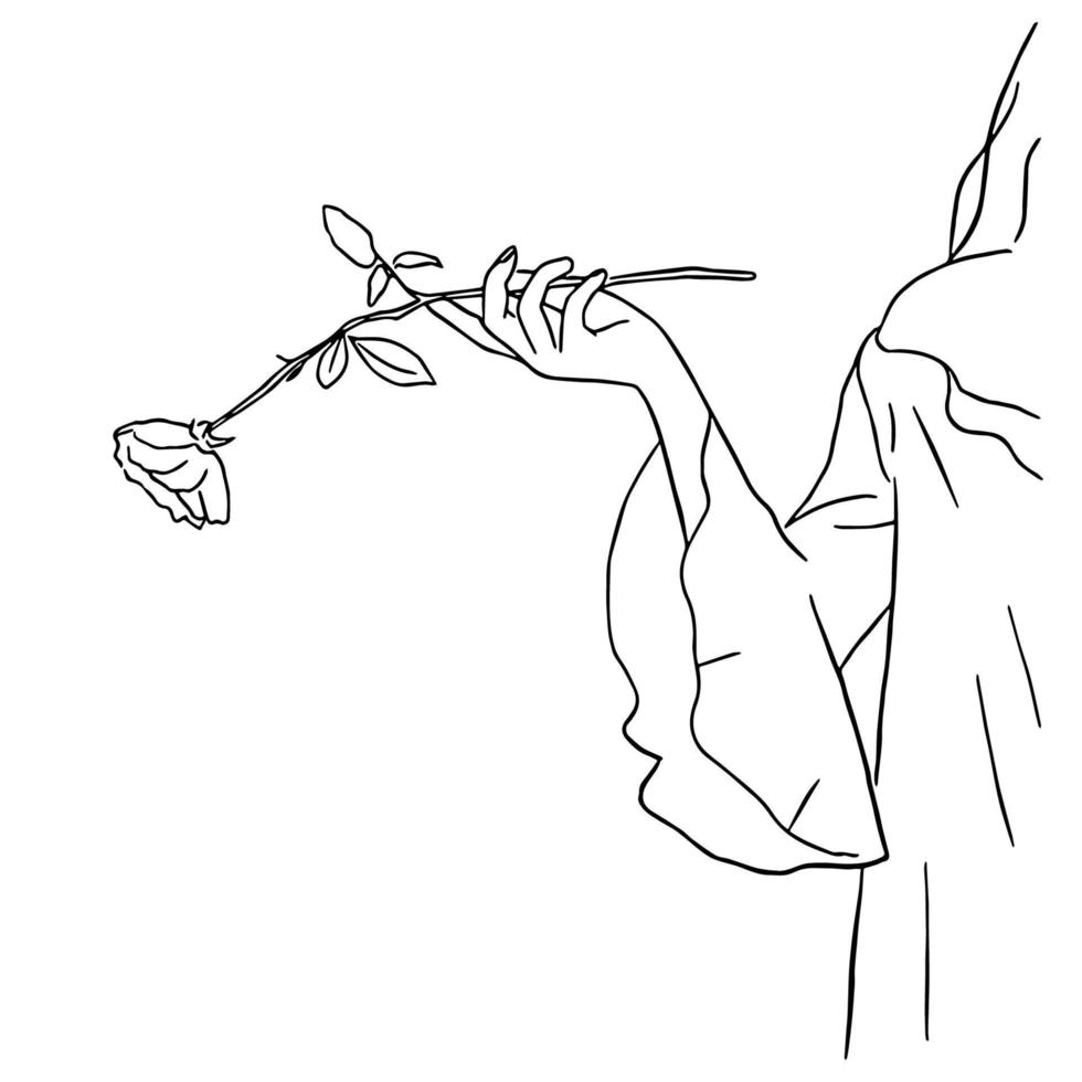 dessin au trait minimal de main de femme tenant une fleur biologique dans un concept dessiné à la main pour la décoration, style contemporain doodle vecteur