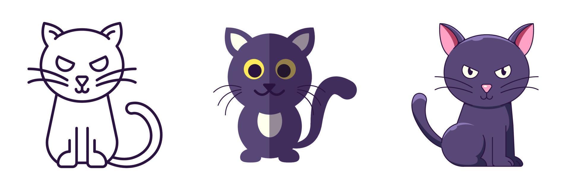 éléments d'halloween. l'ensemble d'icônes vectorielles de chat noir est dessiné dans des styles de ligne, plat et dessin animé. parfait pour les applications, les livres, les articles, les magasins, les magasins, les publicités vecteur
