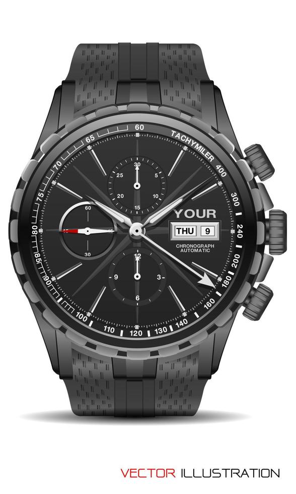 montre réaliste chronographe acier inoxydable caoutchouc noir dans le sens des aiguilles d'une montre mode pour hommes design luxe vecteur isolé