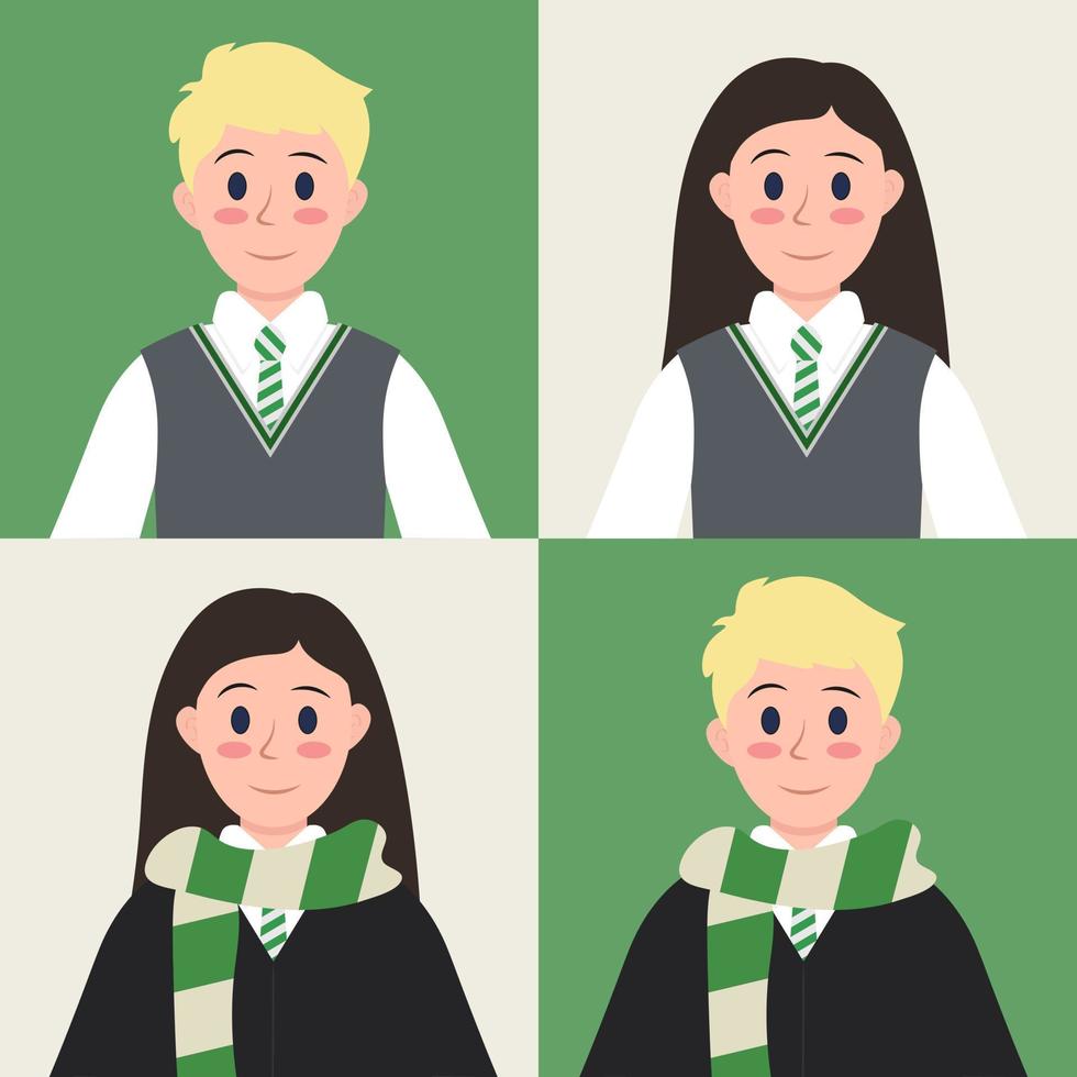 un ensemble magique d'uniformes scolaires aux couleurs argent et vert. illustration vectorielle. vecteur