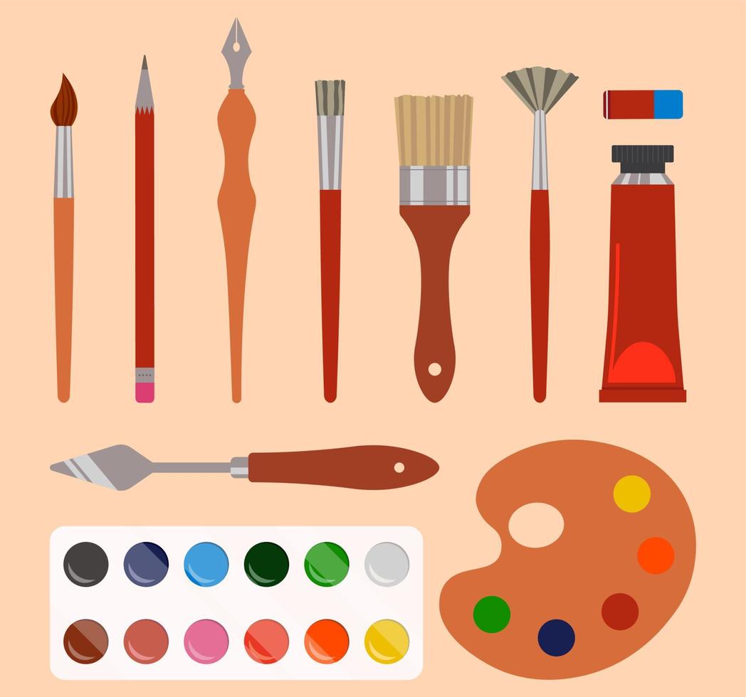 outils de peinture d'artiste. ensemble de pinceaux et couteau à palette pour dessiner un style plat d'illustration vectorielle vecteur