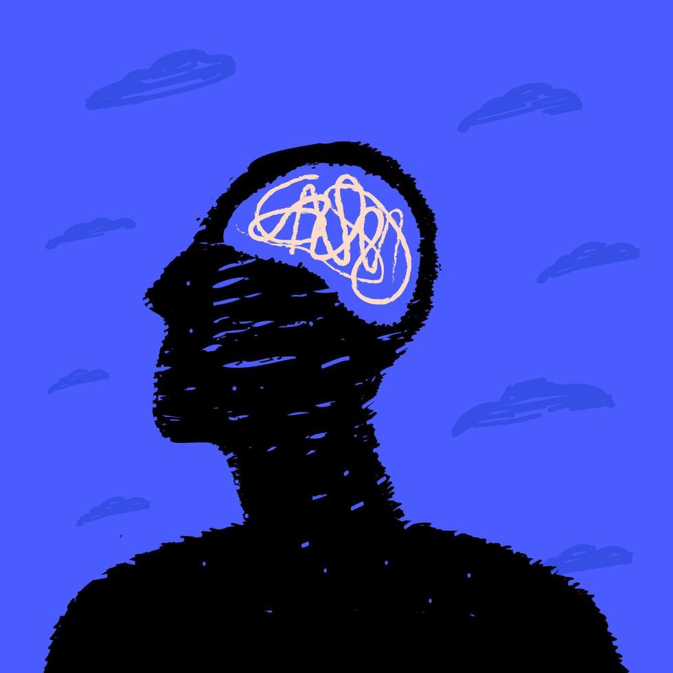 une silhouette noire de la tête d'une personne avec un nœud emmêlé à l'intérieur, une métaphore du trouble mental, de la démence, de la schizophrénie. vecteur