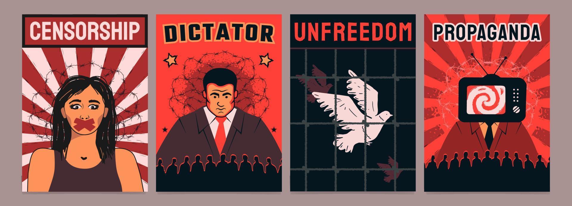 une série d'affiches sur la propagande du régime totalitaire, le dictateur, la censure, la privation de liberté. vecteur