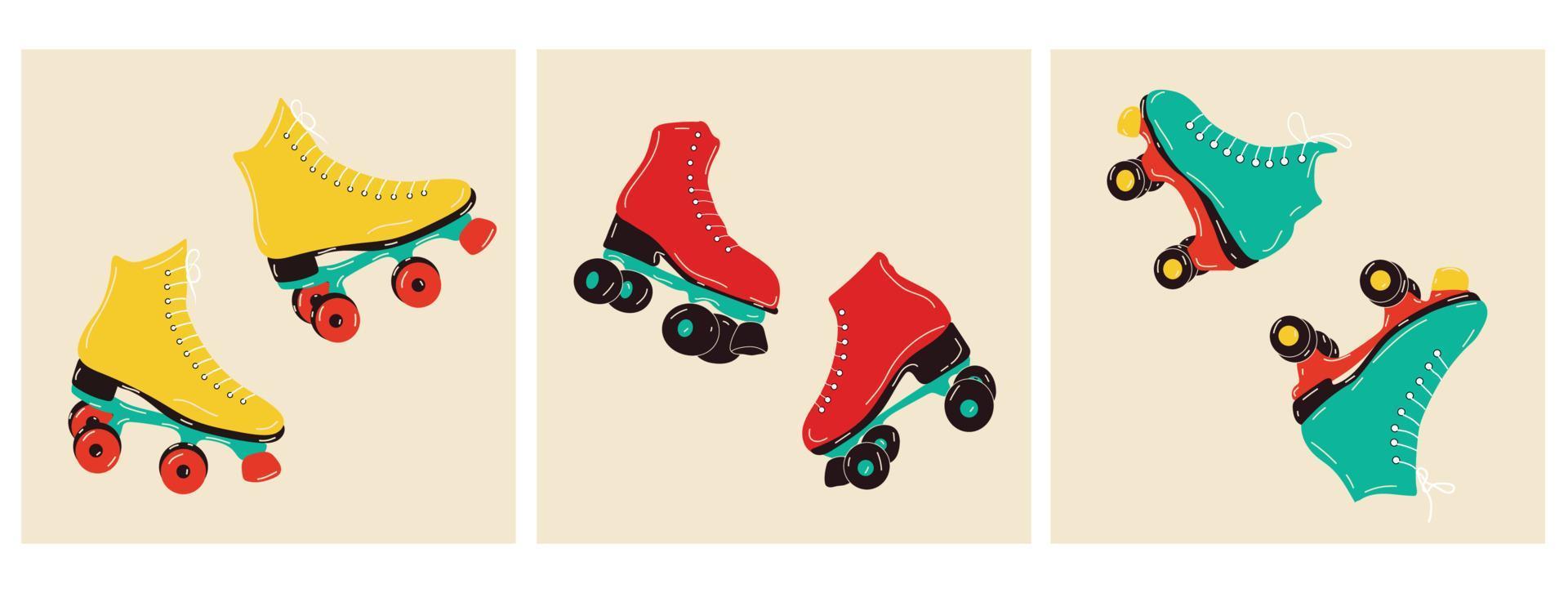 ensemble d'affiches avec patins à roulettes. sport et discothèque. style de mode rétro des années 80. illustrations vectorielles aux couleurs tendance. style dessiné à la main. vecteur