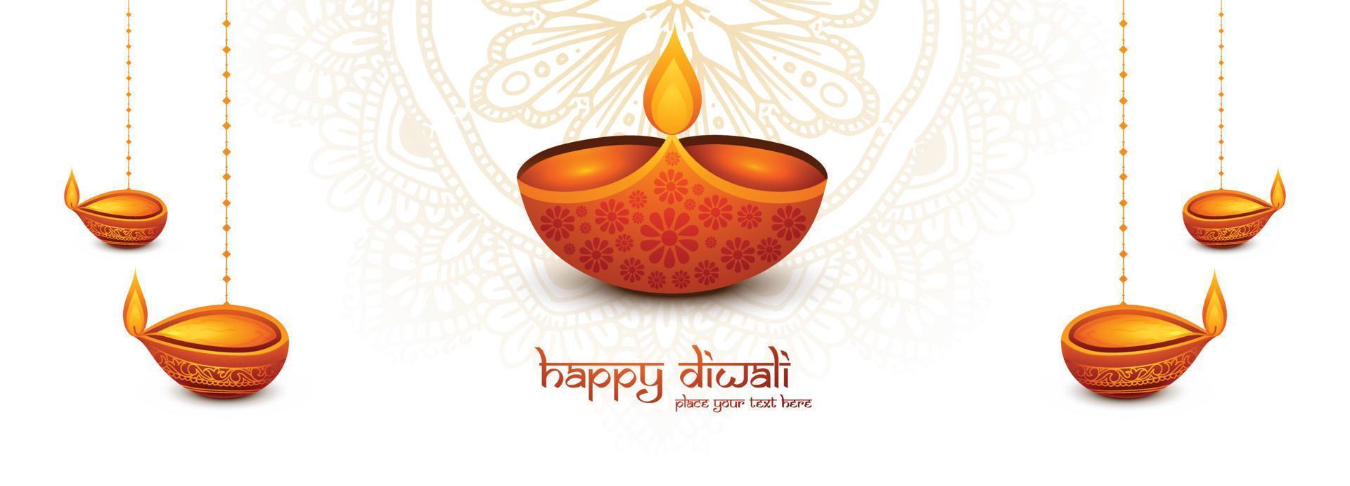 joyeux diwali souhaite une bannière avec un fond de vacances de célébration de diya réaliste vecteur