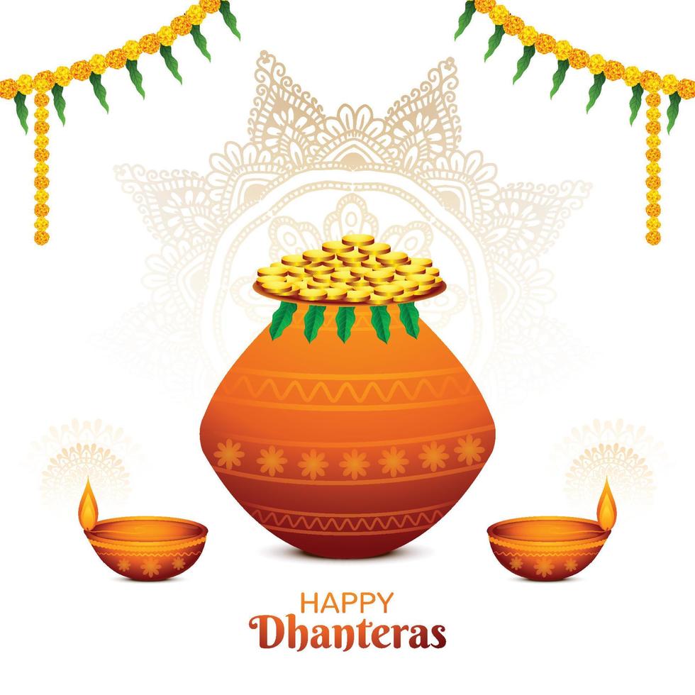 fête religieuse indienne happy dhanteras sur pièce d'or en fond de pot vecteur