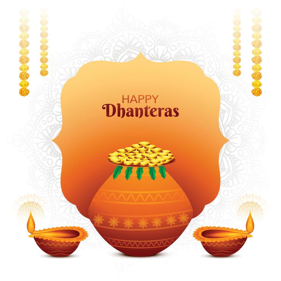 joyeux dhanteras pot de pièces d'or et fond de célébration de diya vecteur