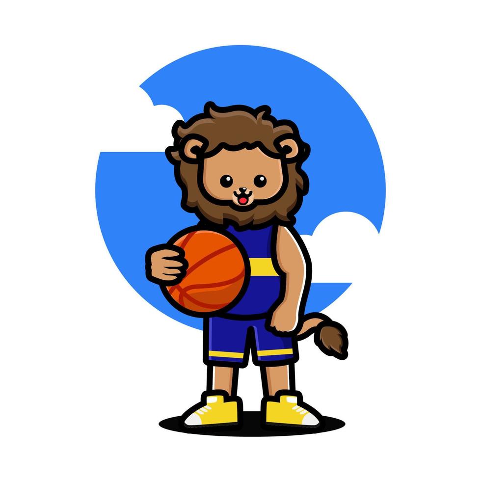 heureux mignon lion jouant au basket vecteur