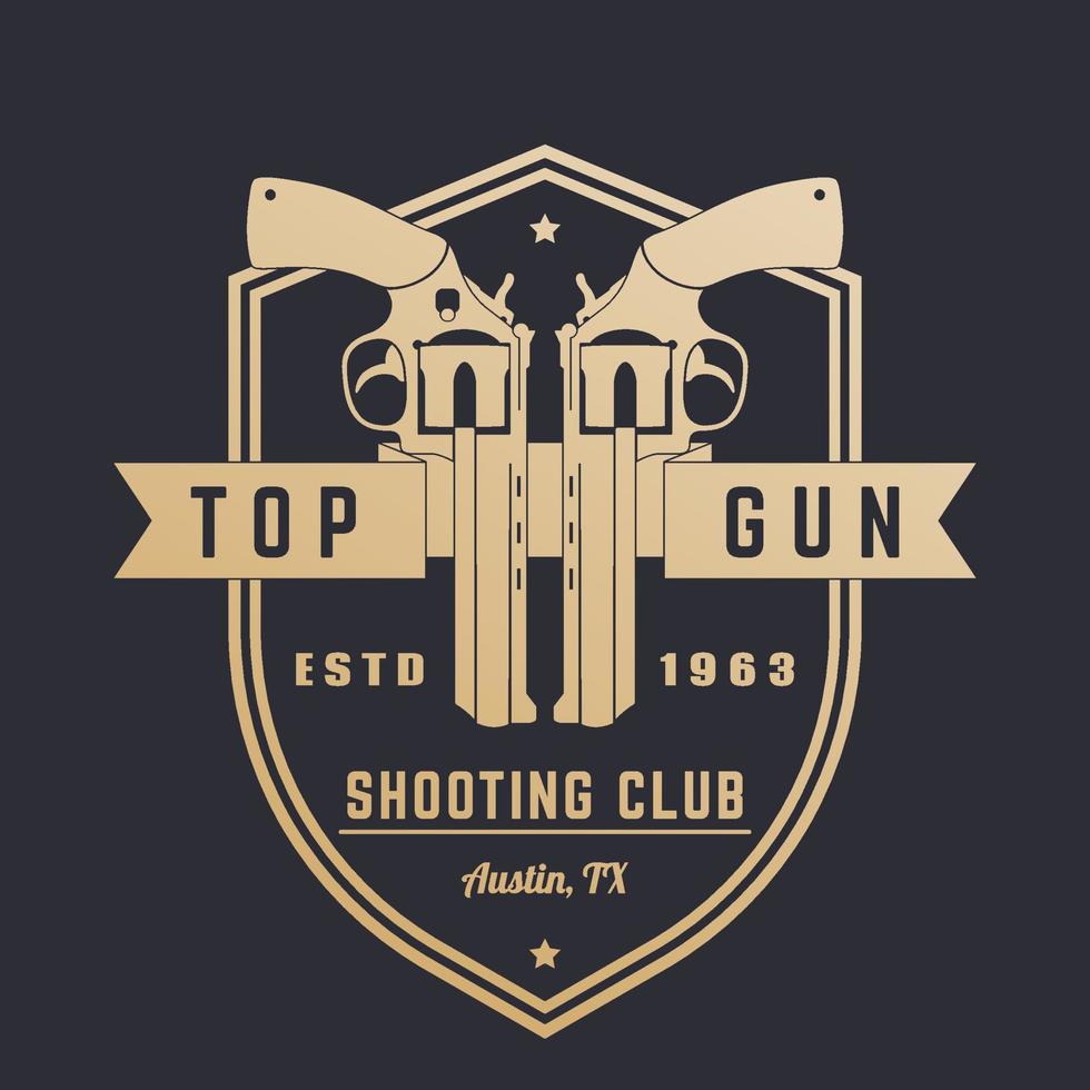 logo vintage du club de tir, emblème avec revolvers sur le bouclier vecteur