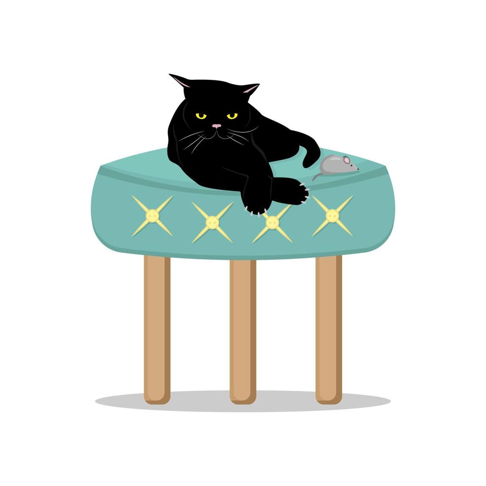 un chat noir est allongé sur un tabouret rond à côté d'une souris. illustration vectorielle vecteur