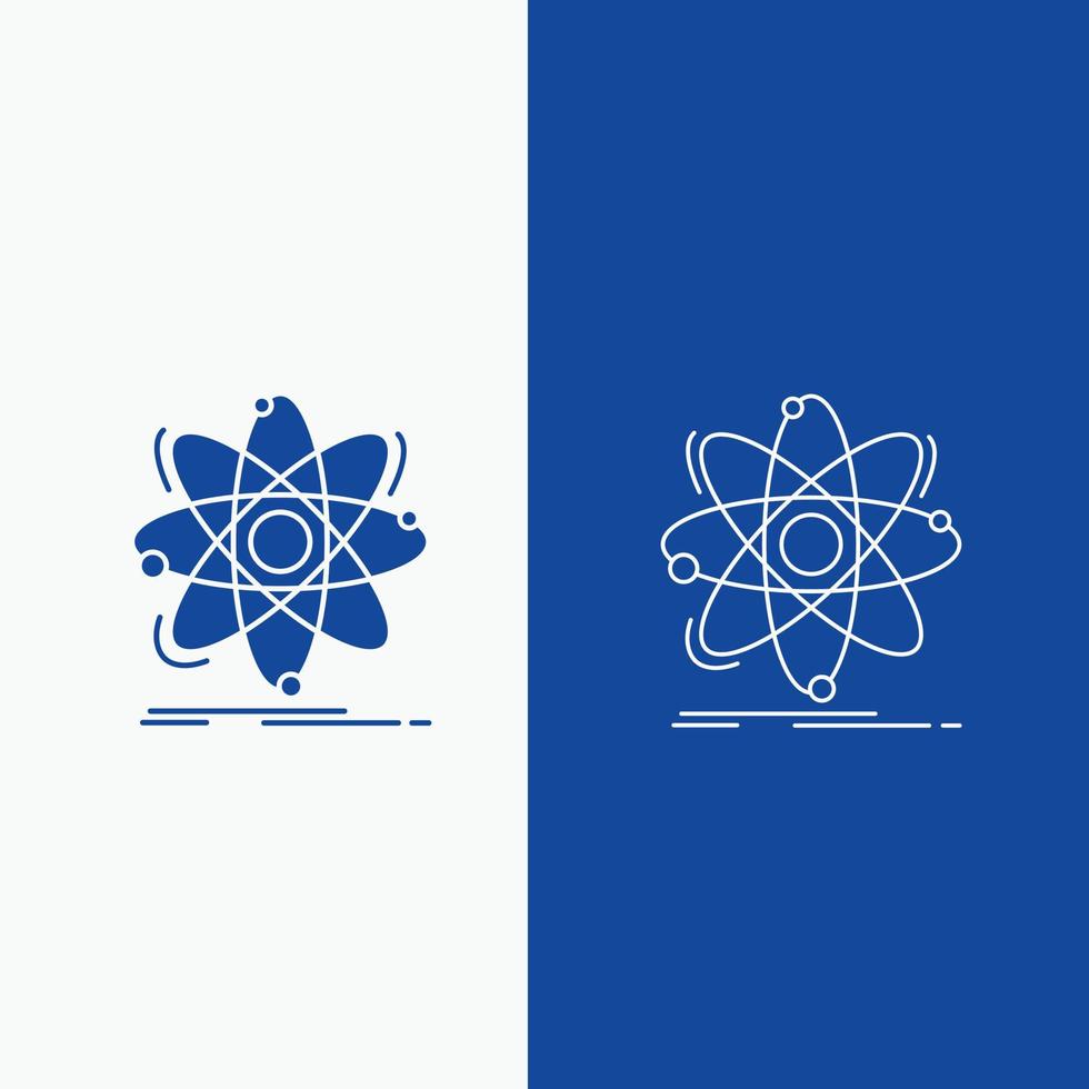 atome, science, chimie, physique, ligne nucléaire et bouton web glyphe en bannière verticale de couleur bleue pour ui et ux, site web ou application mobile vecteur