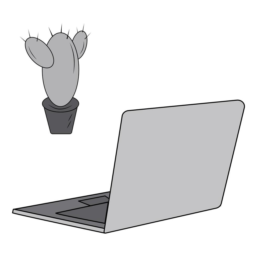 ensemble d'ordinateur portable isométrique et de cactus sur fond transparent dans des teintes grises. isoler. autocollant. icône vecteur