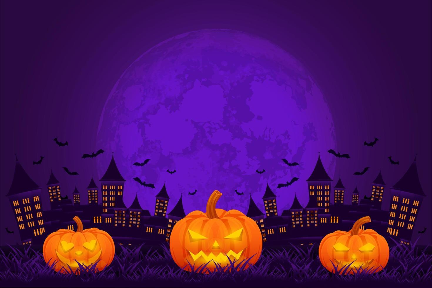 modèle d'arrière-plan halloween avec château, vecteur citrouille et lune, toile de fond halloween pour la promotion de la vente, bannière, affiche, médias sociaux, alimentation, invitation, événement, fond d'écran en couleur violette