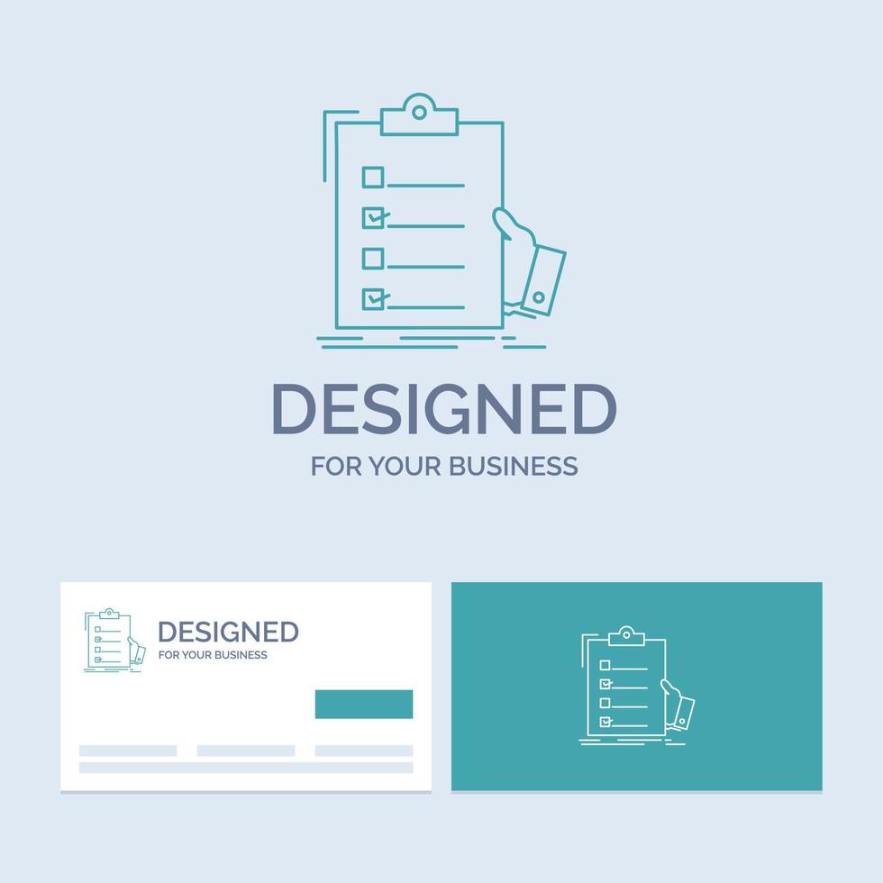 liste de contrôle. Chèque. compétence. liste. symbole d'icône de ligne de logo d'entreprise de presse-papiers pour votre entreprise. cartes de visite turquoise avec modèle de logo de marque vecteur