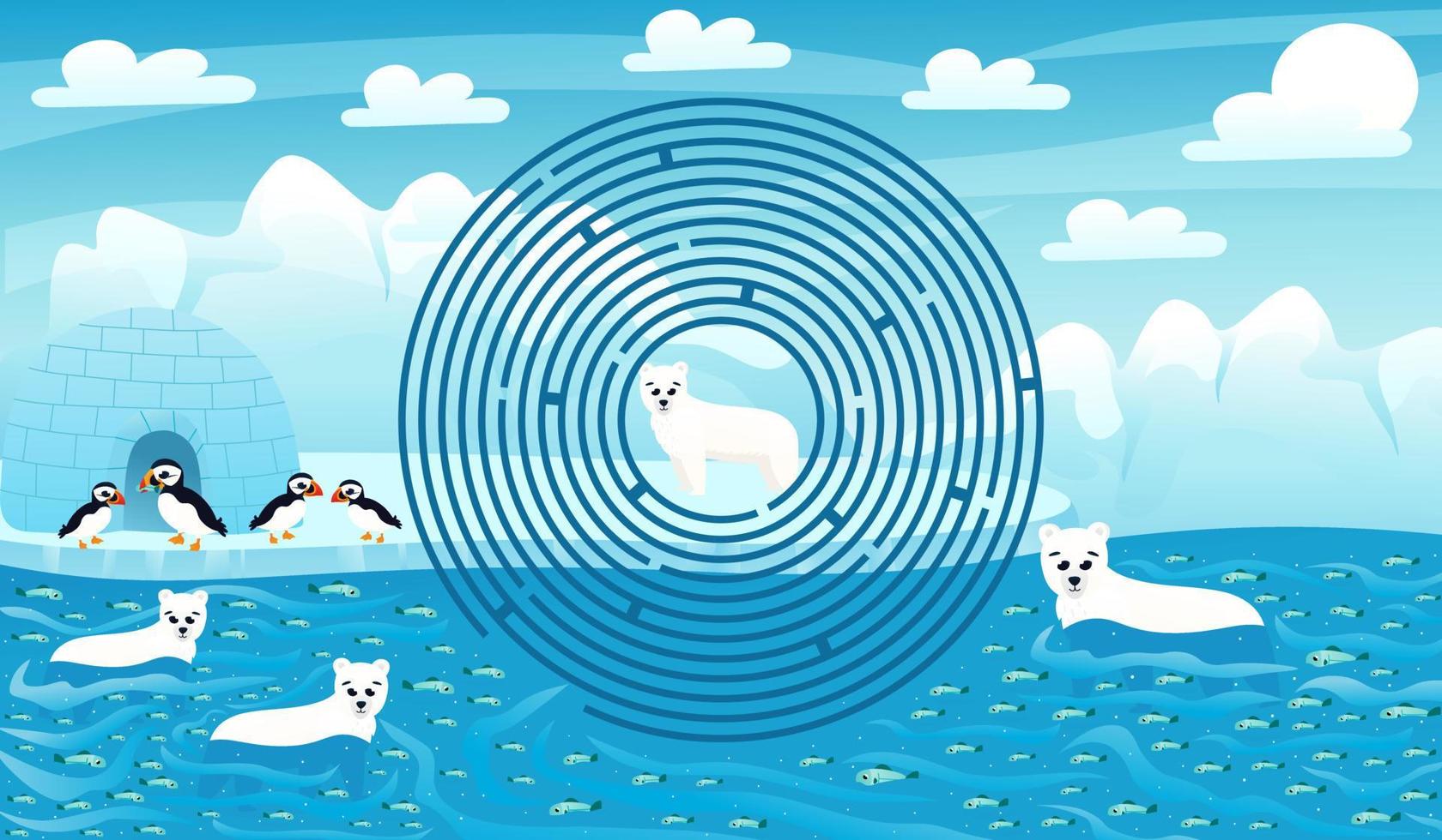 paysage arctique et labyrinthe circulaire pour les enfants avec des ours polaires mignons, des personnages de macareux et ingloo, aide à trouver le bon chemin, feuille de travail imprimable en style dessin animé pour l'école, thème de la faune animale vecteur