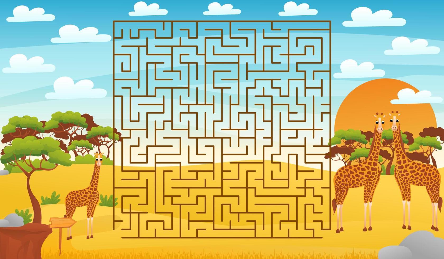 feuille de travail éducative imprimable pour les enfants avec puzzle labyrinthe, safari animaux du désert faune avec girafe mignonne vecteur