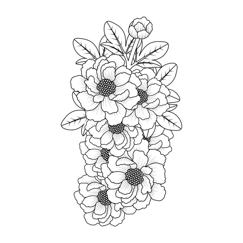 bouquet de fleurs de pivoine art de griffonnage de fleur coloriage contour vecteur graphique fond isolé