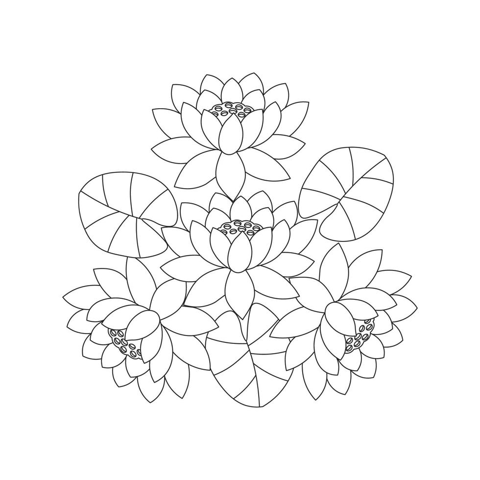 Page de coloriage de fleur de nénuphar de simplicité artistique dessinée avec une fleur de fleur sur fond isolé vecteur