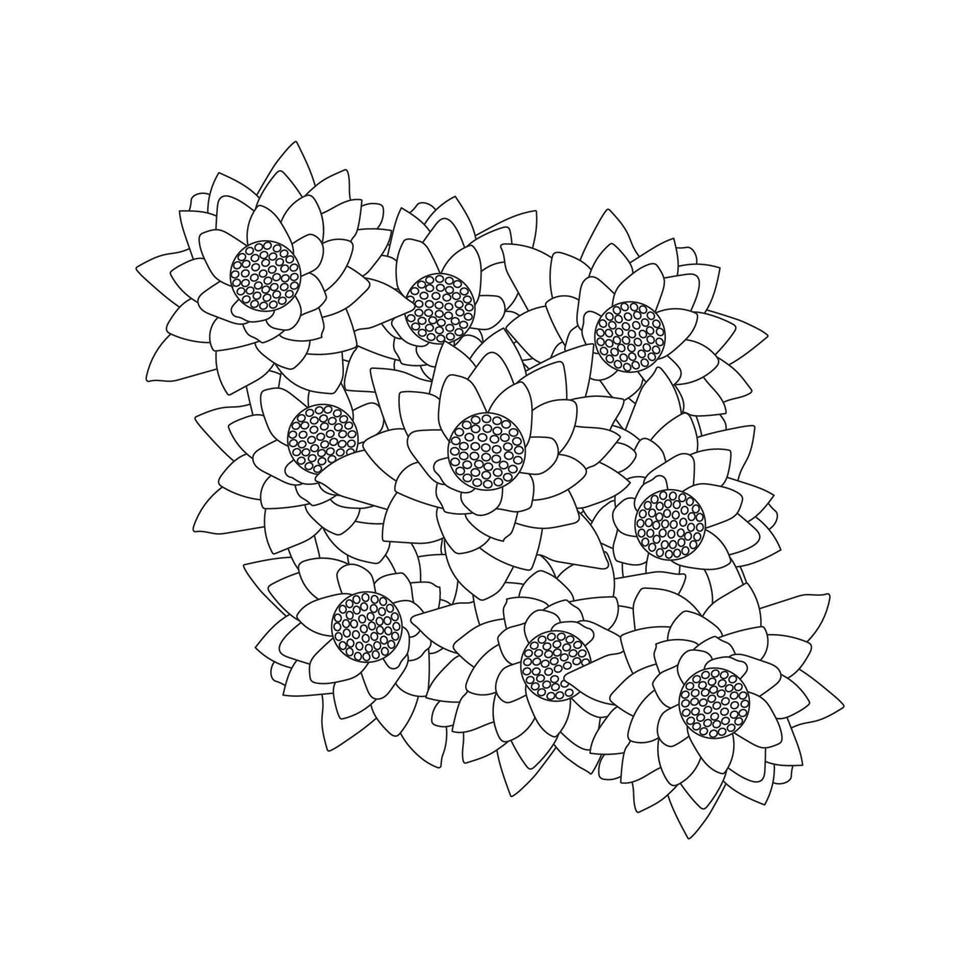 Page de coloriage de fleur de nénuphar de simplicité artistique dessinée avec une fleur de fleur sur fond isolé vecteur