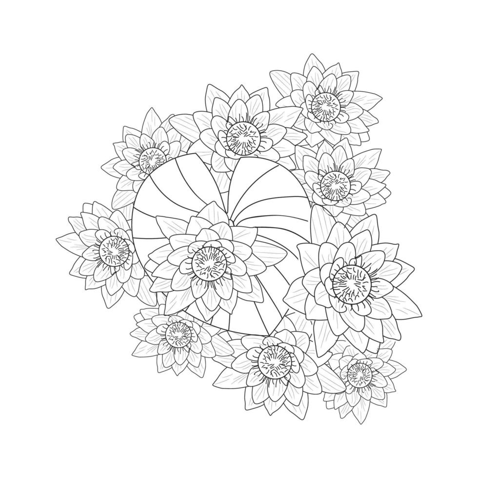 Page de coloriage de fleur de nénuphar de simplicité artistique dessinée avec une fleur de fleur sur fond isolé vecteur