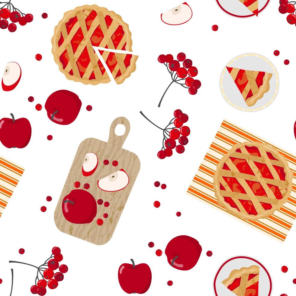 modèle sans couture d'automne - tarte aux pommes, baies rouges, planche à découper en bois, pommes rouges et tranches. vecteur