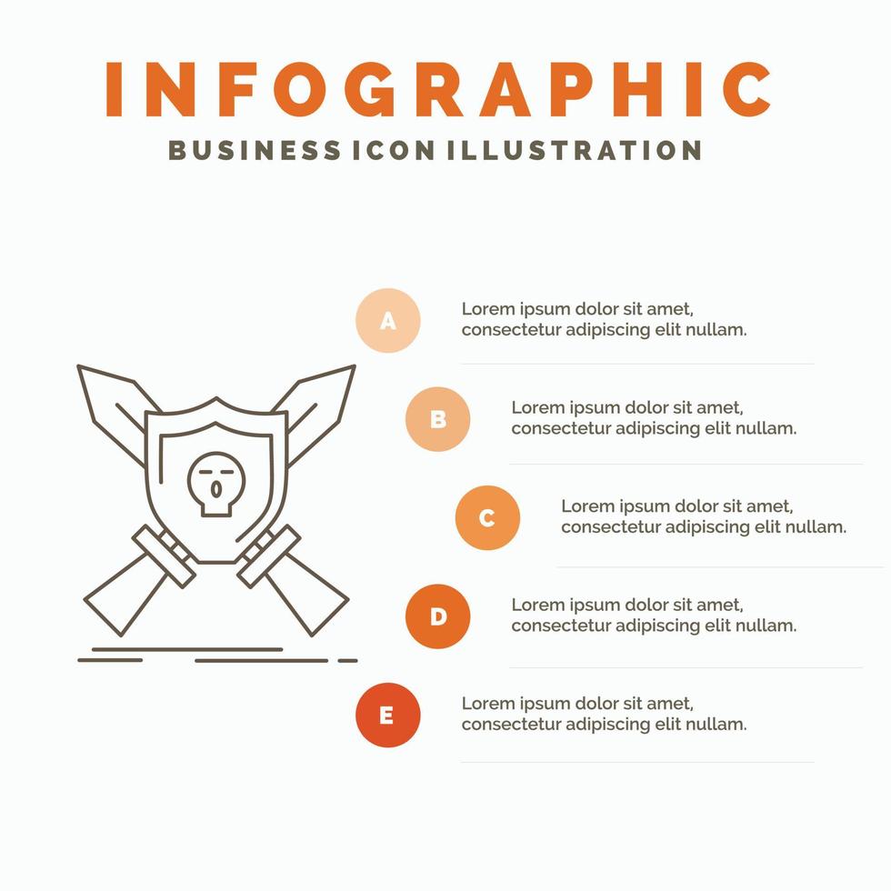 badge. emblème. Jeu. bouclier. modèle d'infographie d'épées pour le site Web et la présentation. icône grise de ligne avec illustration vectorielle de style infographie orange vecteur